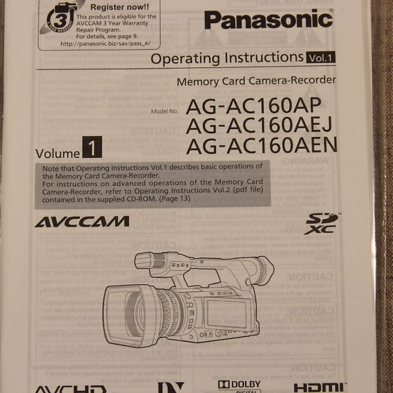 Kaamera videokaamera Panasonic AG-AC160 pult rihmad juhend