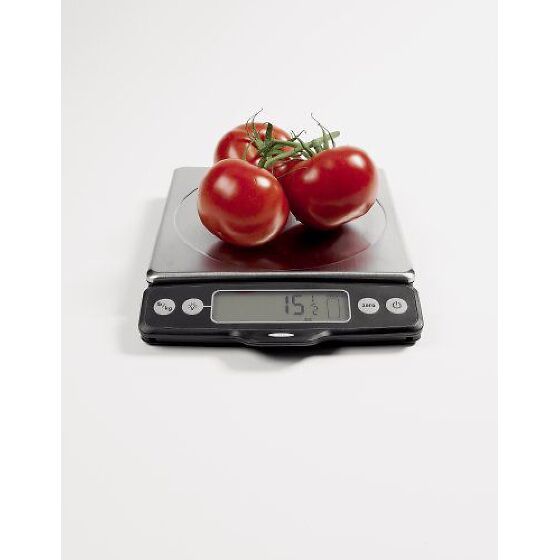 OXO's food scale has an 11-pound capacity & a pull-out display for