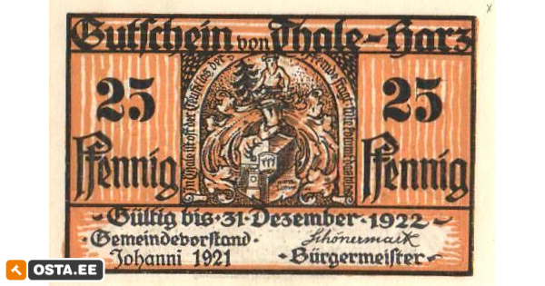 Saksamaa notgeld 25 pfennig 1921,Gutschein Thale-Harz, UNC (176196253) - Osta.ee